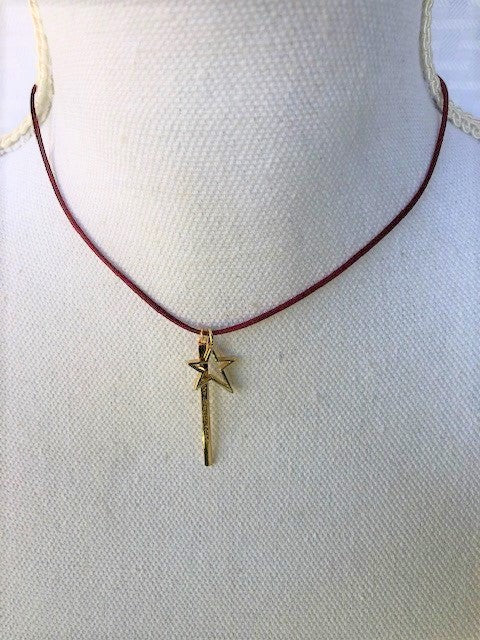 Cranberry Silk Cord Necklace with Open Star, Yellow Gold