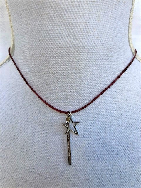 Cranberry Silk Cord Necklace with Open Star, Sterling Silver